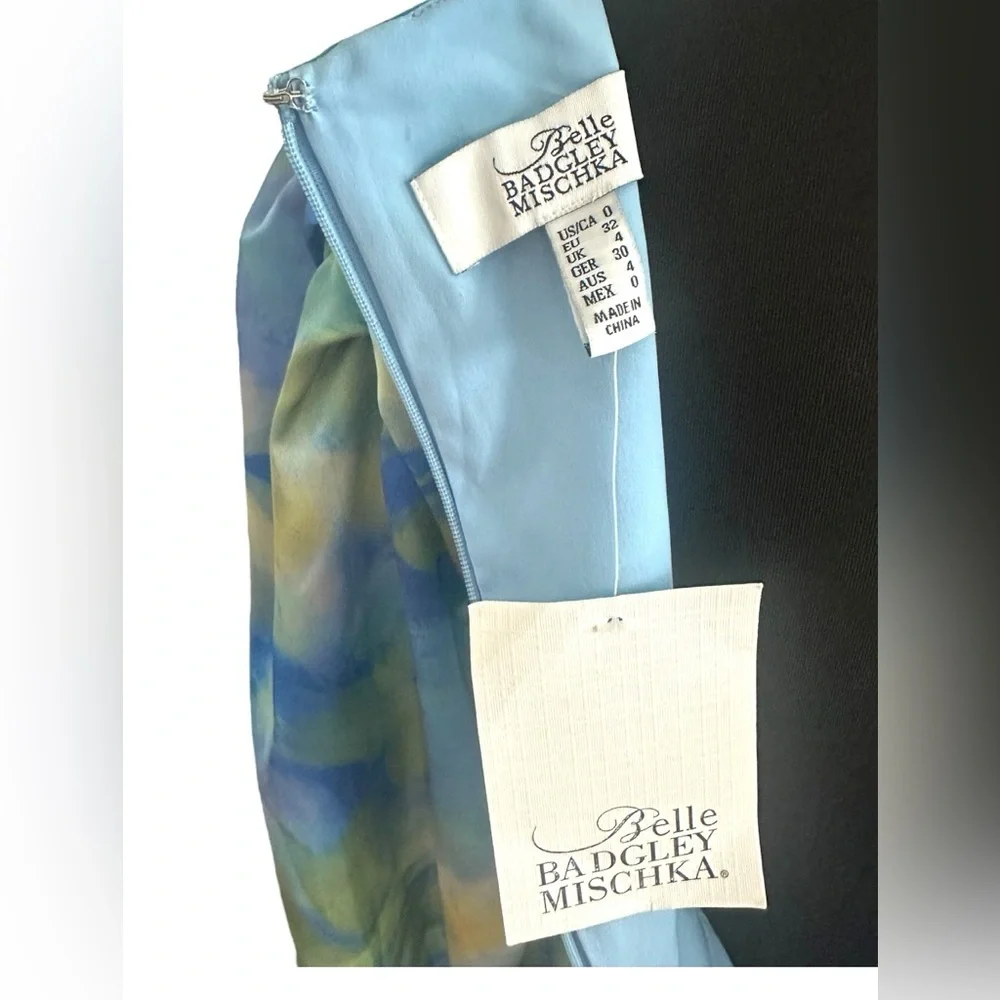 NWT Badgley Mischka Blue & Yellow Watercolor Long Sleeve Satiny Wrap Dress - Picture 10 of 10